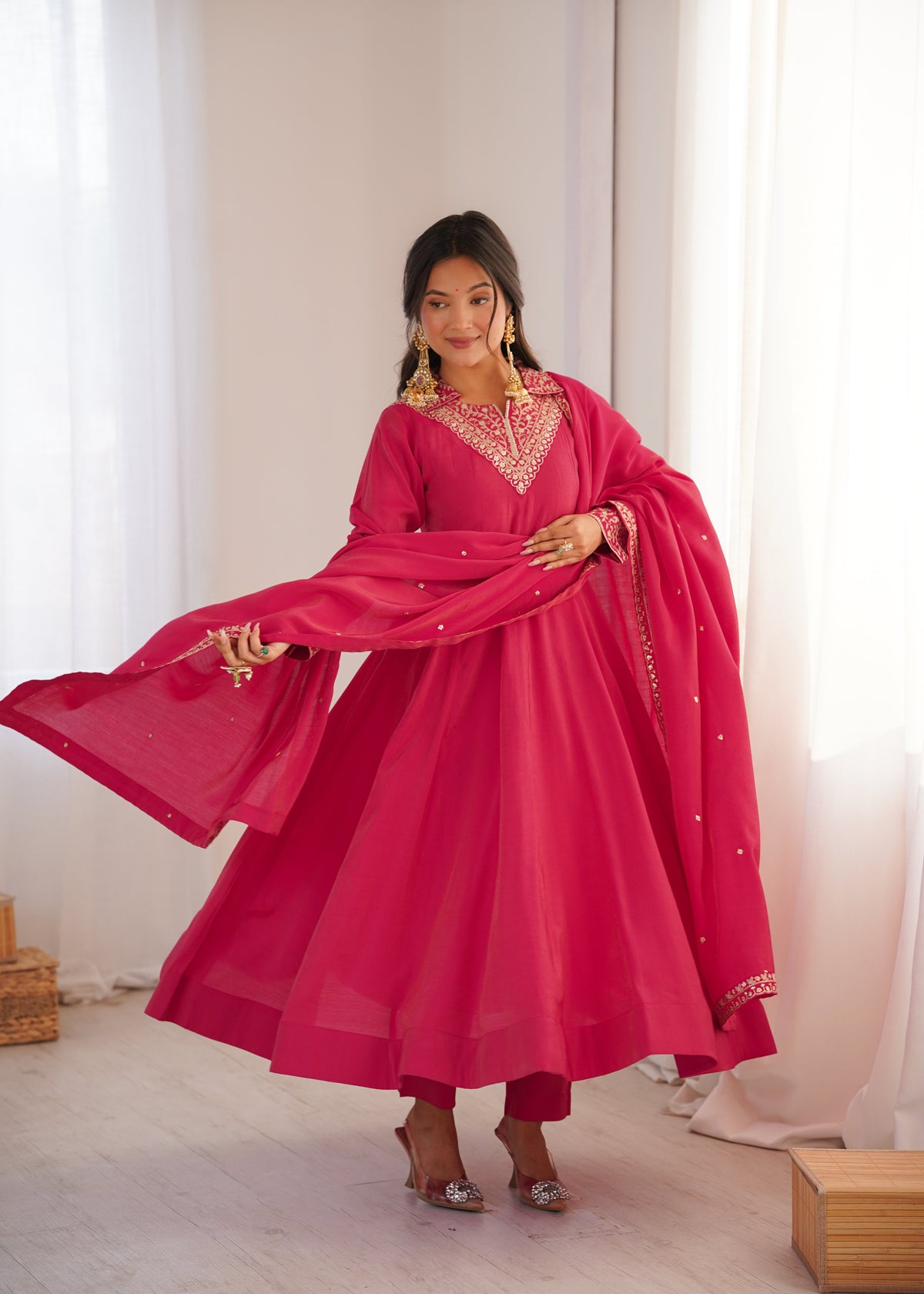 Luxury Heavy Roman Shimmer Silk Designer Anarkali Suit Set