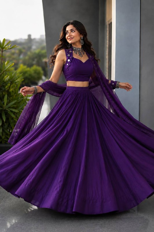 Cotton Mirror Work Purple Lehenga Choli with Georgette Dupatta