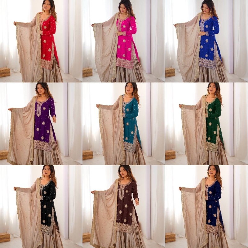 Designer Chinon Silk Embroidered Sharara Suit with Pearl Work Dupatta