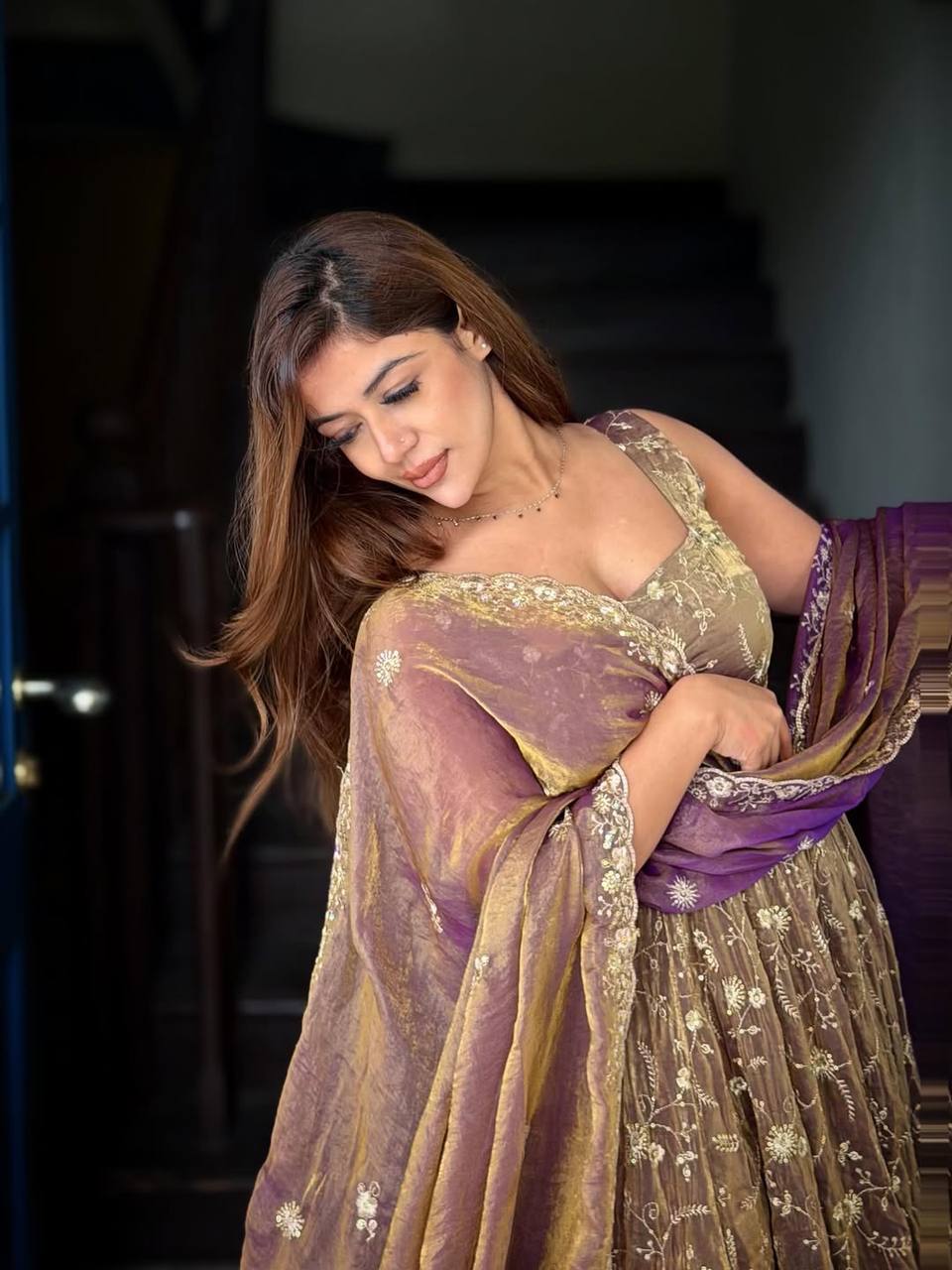 Classic Wine Flared Anarkali Suit with Dupatta
