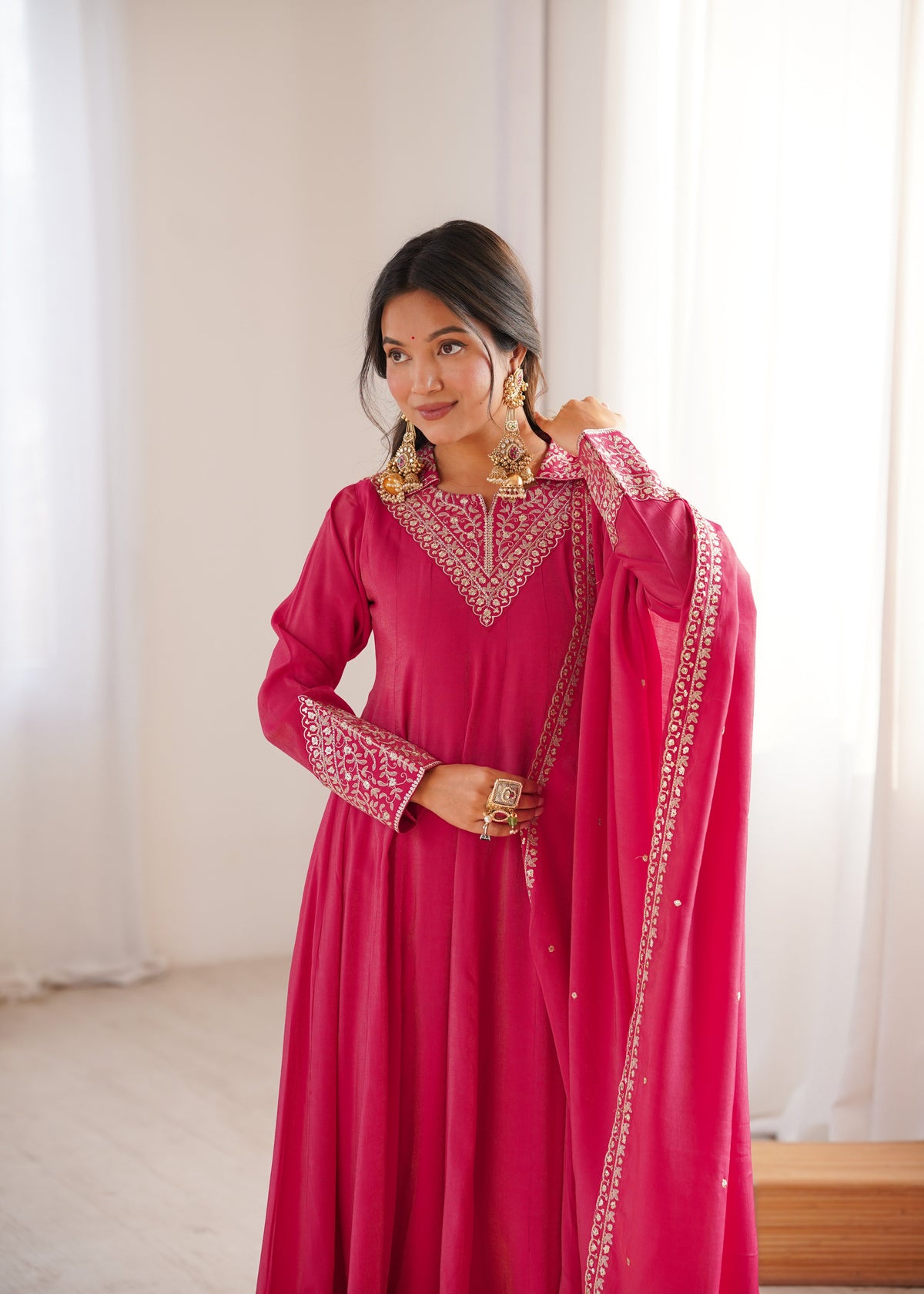 Luxury Heavy Roman Shimmer Silk Designer Anarkali Suit Set