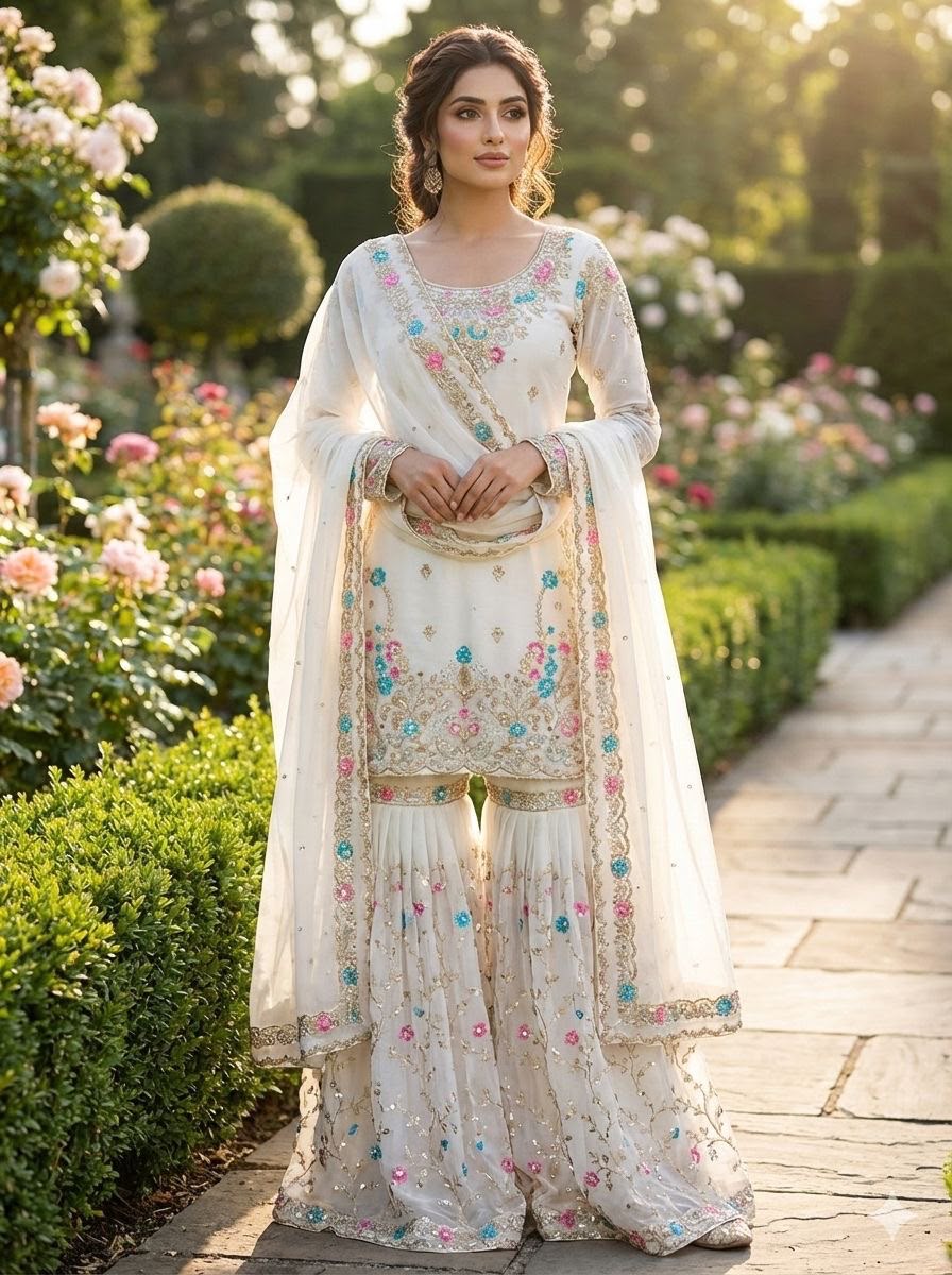 JMC Silk Embroidered Sharara Suit