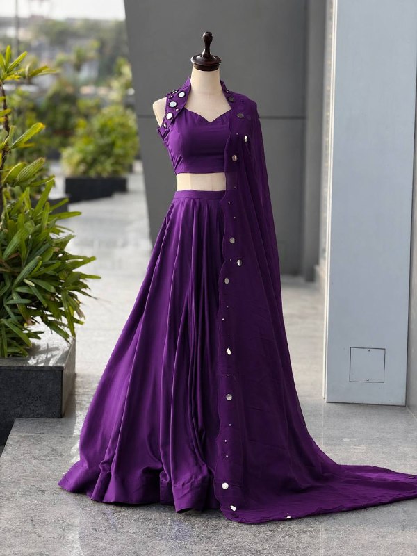 Cotton Mirror Work Purple Lehenga Choli with Georgette Dupatta