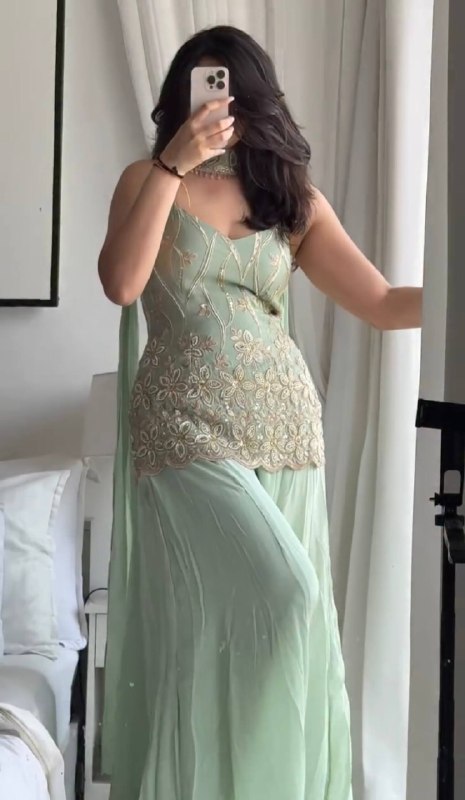 Mint Green Faux Georgette Embroidered Kurti Palazzo Set