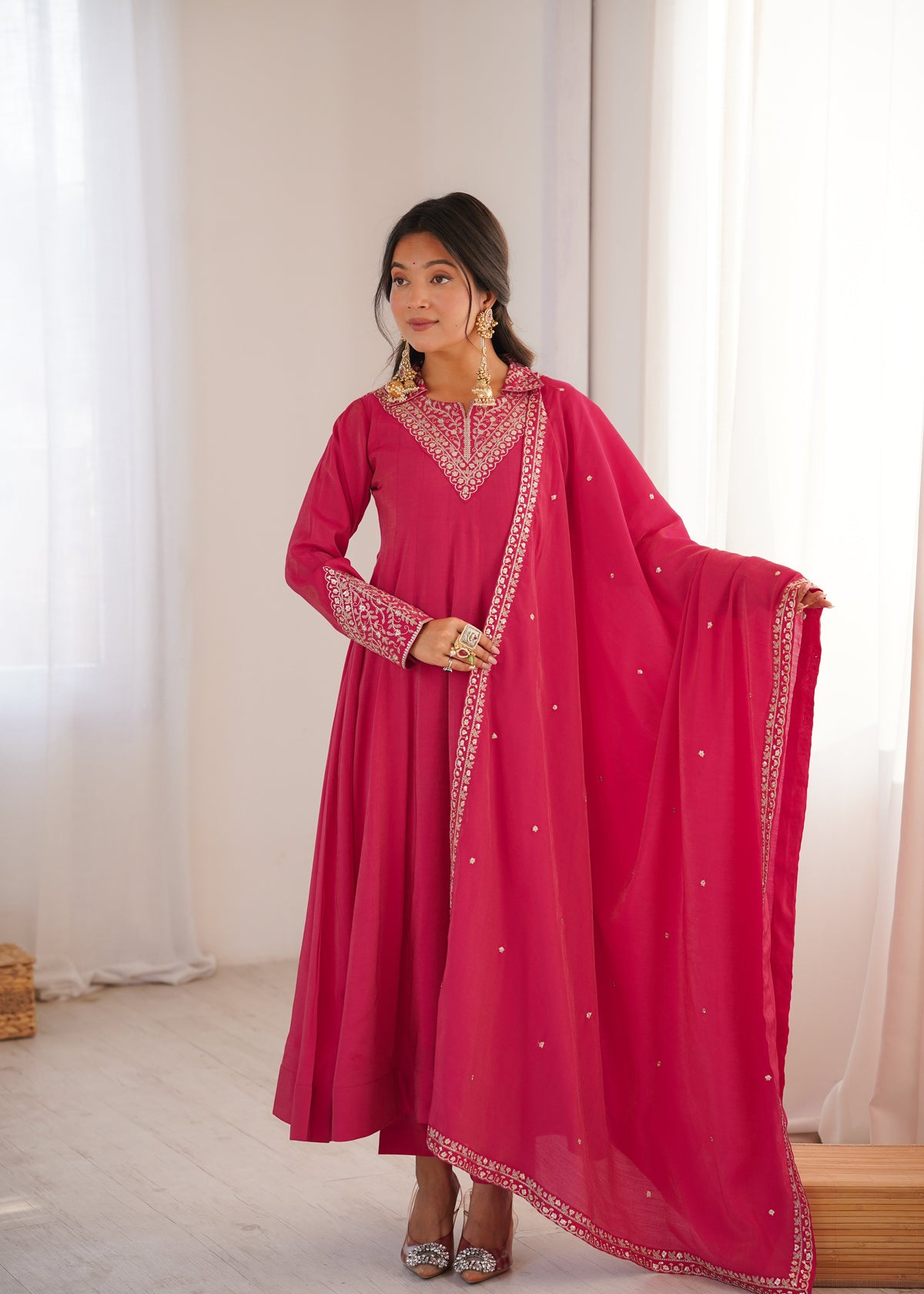 Luxury Heavy Roman Shimmer Silk Designer Anarkali Suit Set