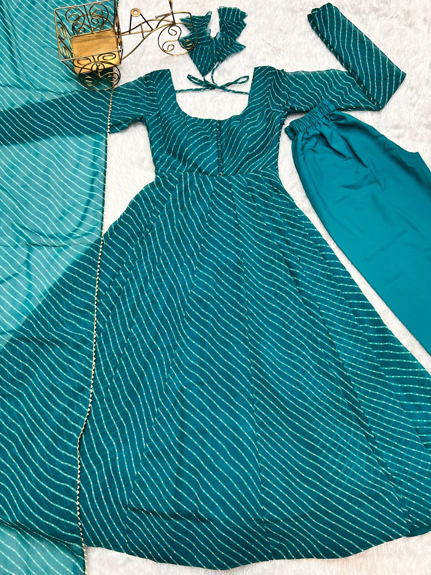Teal Blue Laheriya Print Fox Georgette Anarkali Set