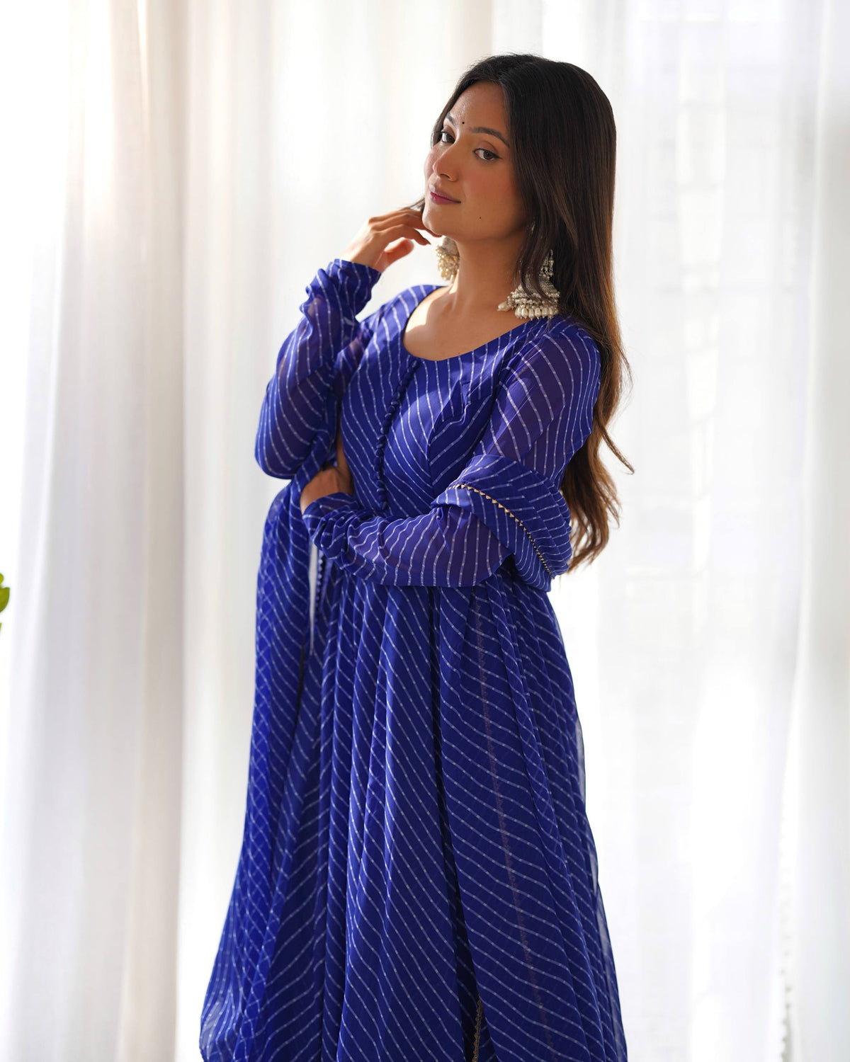 Blue Laheriya Print Fox Georgette Anarkali Set