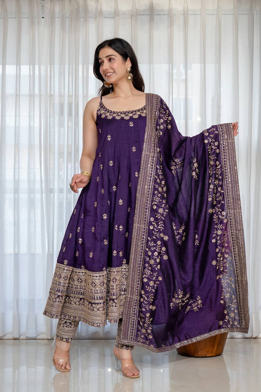 Purple Vichitra Silk Embroidered Anarkali Gown Set