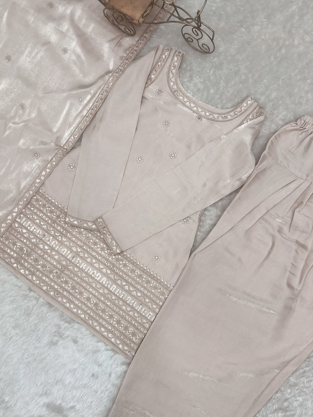 Beige Glass Roman Silk Embroidered Farshi Shalwar Suit with Dupatta