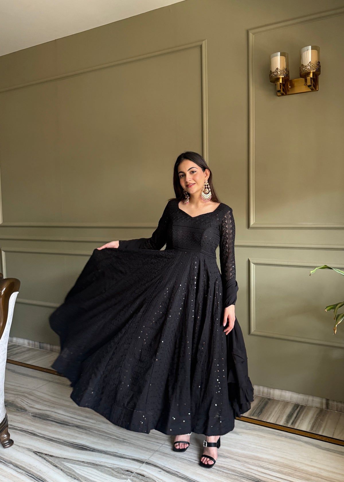 Black Fox Georgette Lucknowi Sequins & Thread Work Anarkali Gown with Ruffle Dupatta