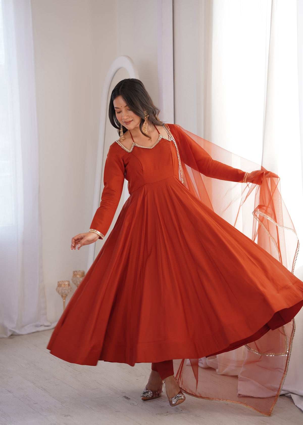 Rust Roman Silk Chanderi Anarkali Suit with Mirror Lace Dupatta