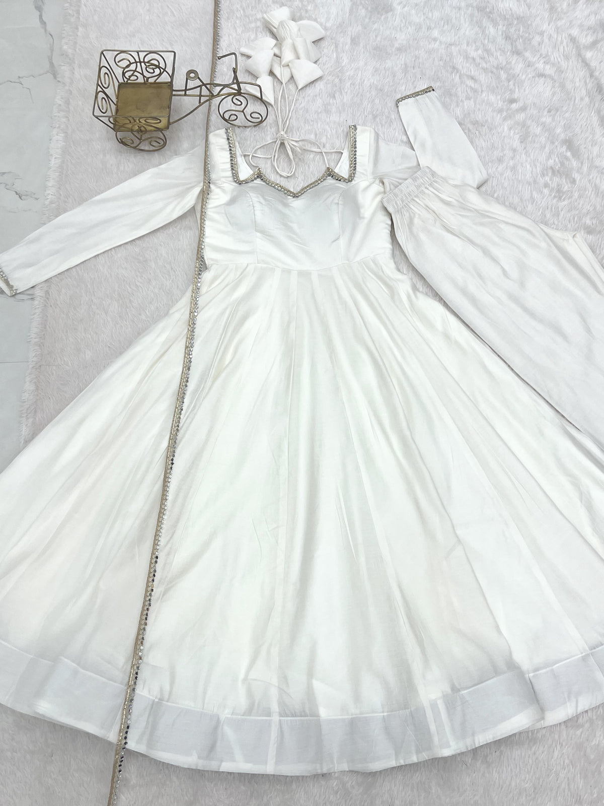 White Roman Silk Chanderi Anarkali Suit with Mirror Lace Dupatta