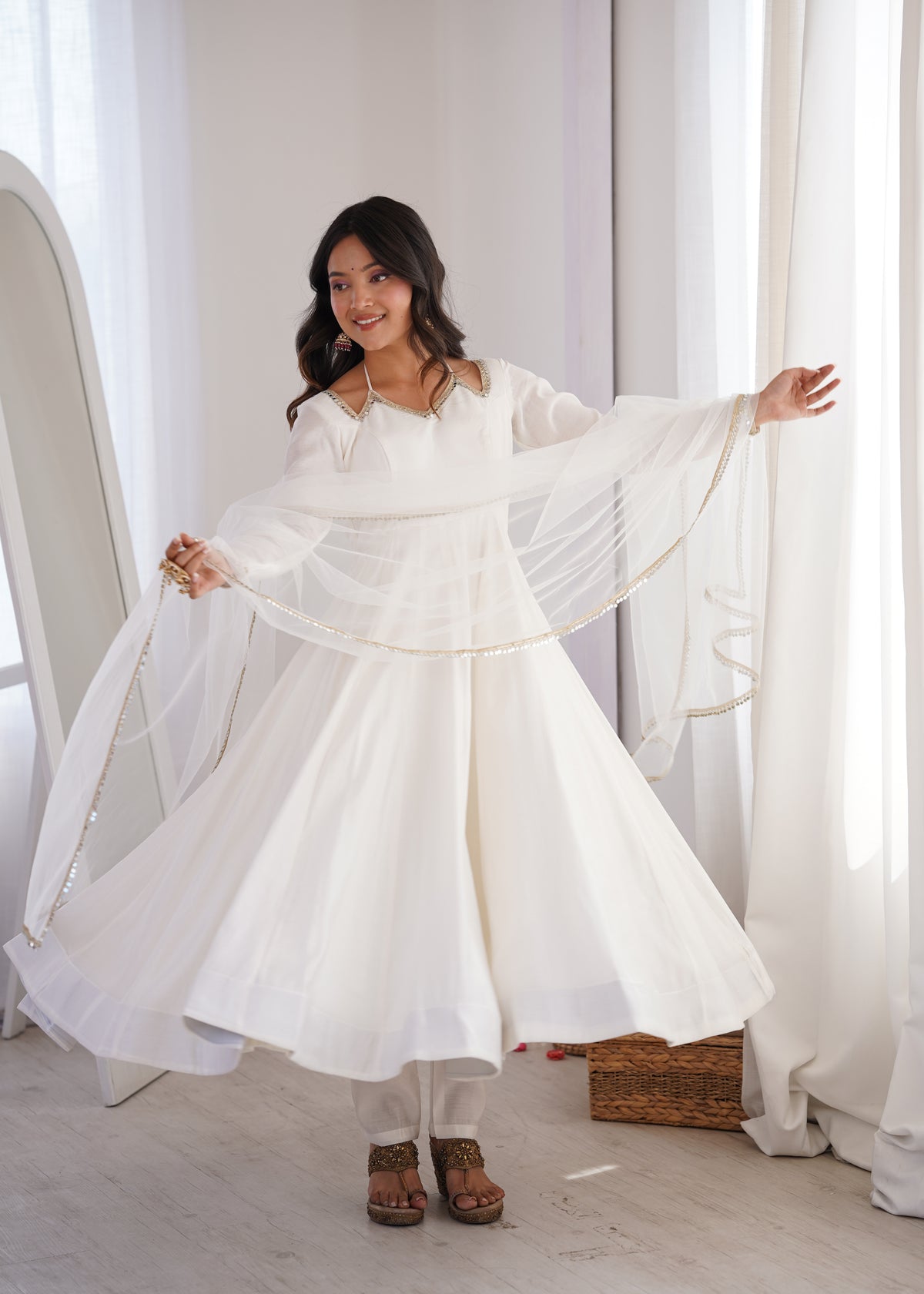 White Roman Silk Chanderi Anarkali Suit with Mirror Lace Dupatta