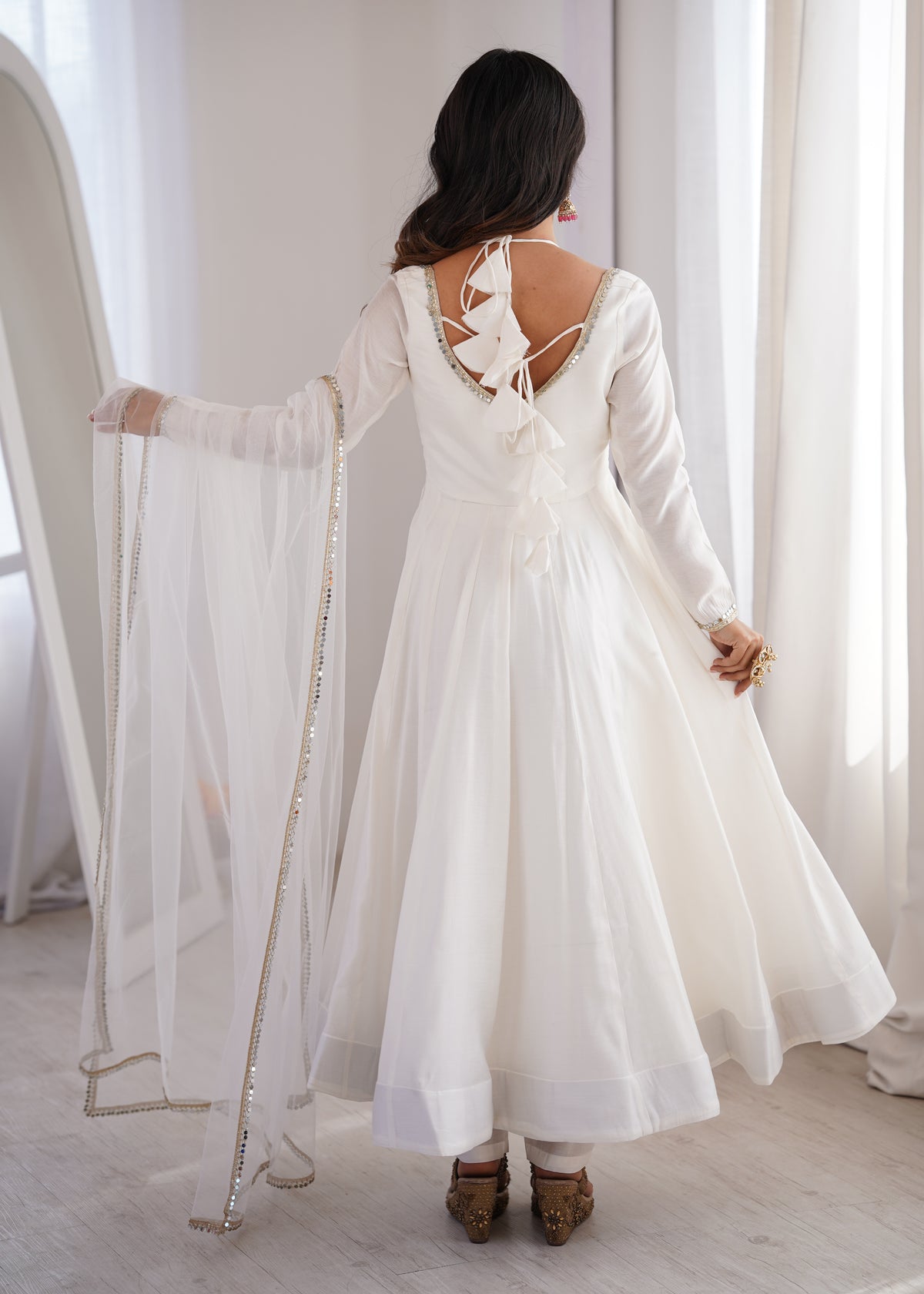 White Roman Silk Chanderi Anarkali Suit with Mirror Lace Dupatta