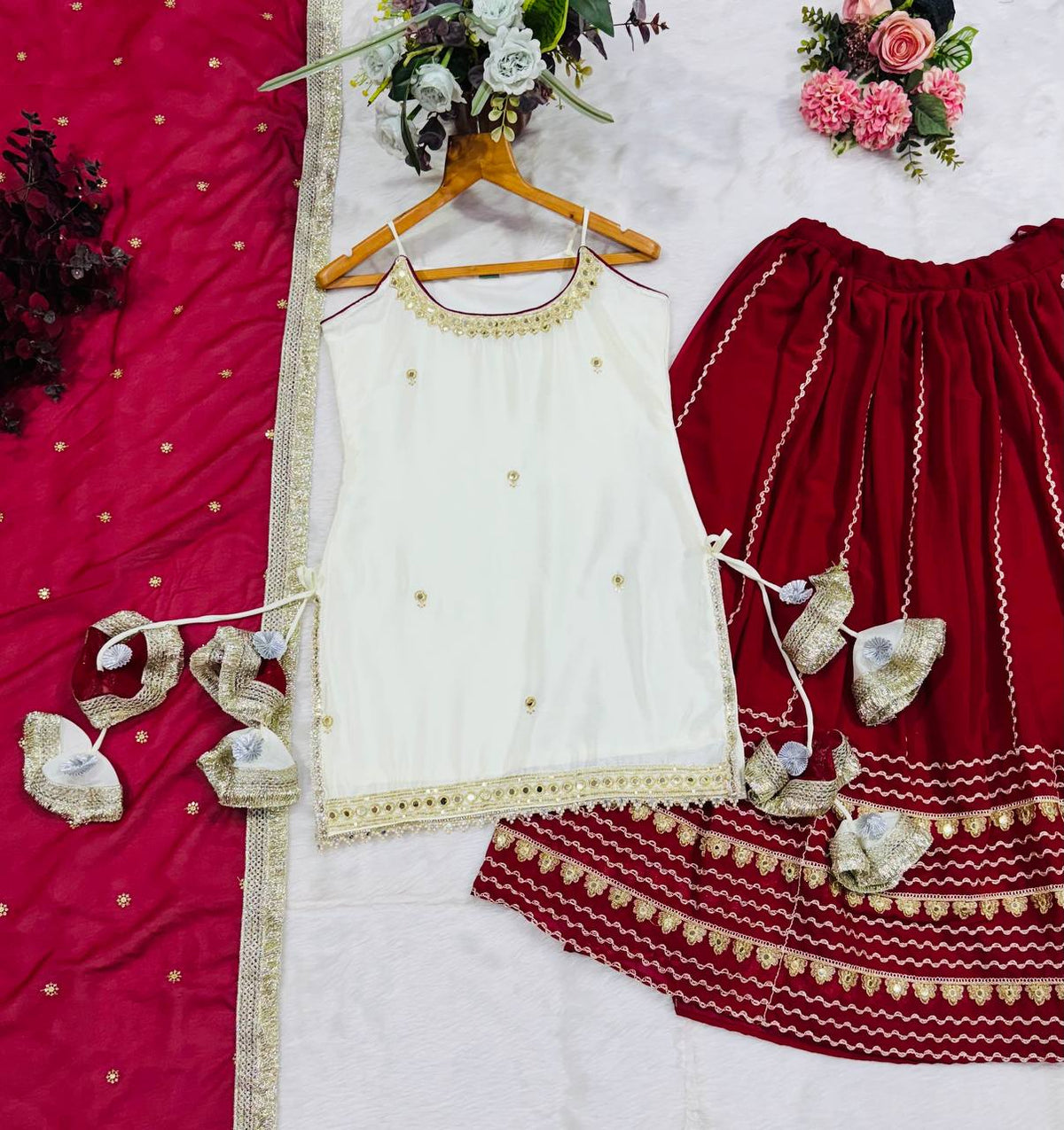 Ivory and Maroon Elegant Top Bottom Dupatta Suit Set