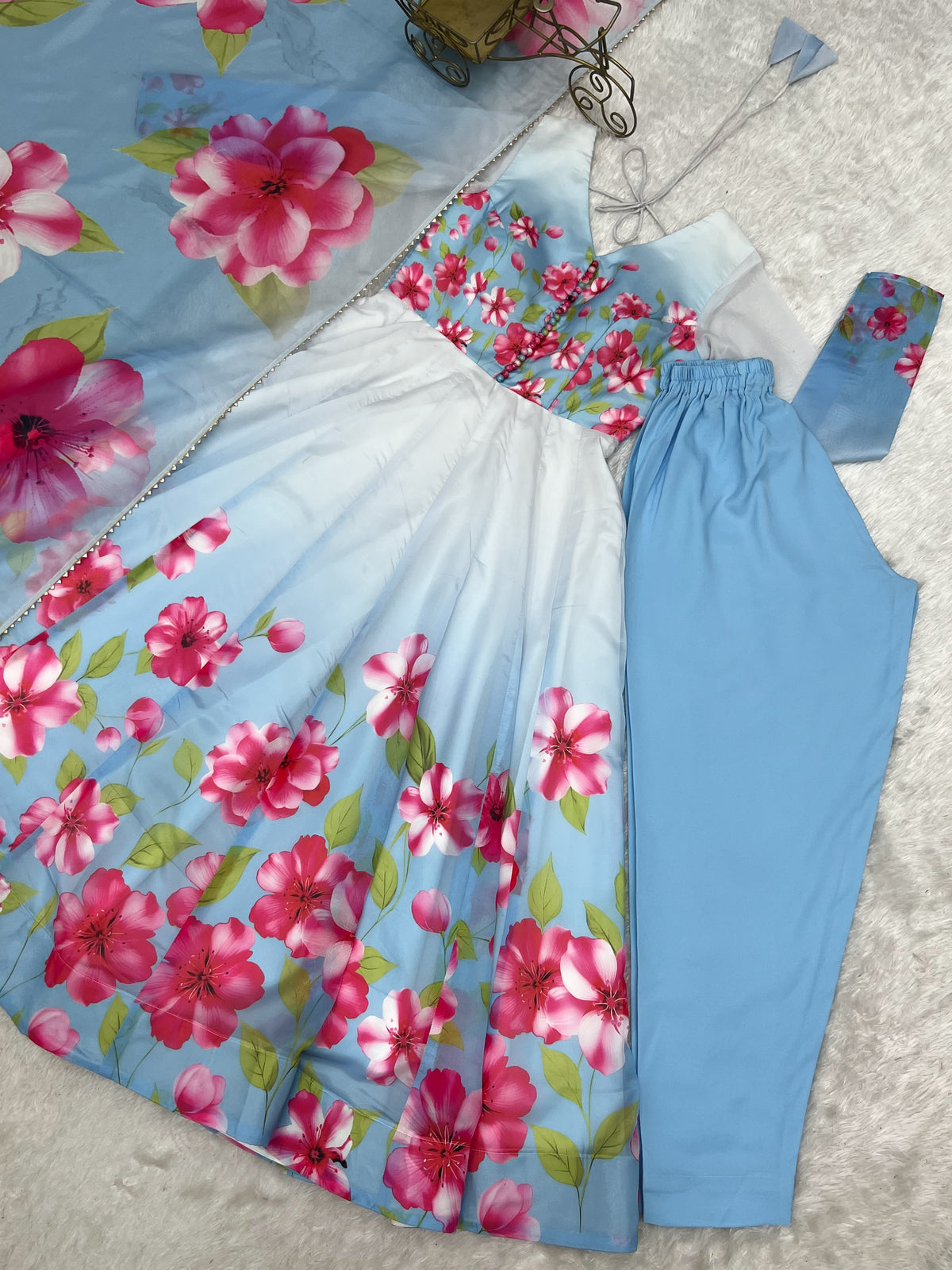 Sky Blue Floral Print Organza Silk Anarkali Gown with Dupatta