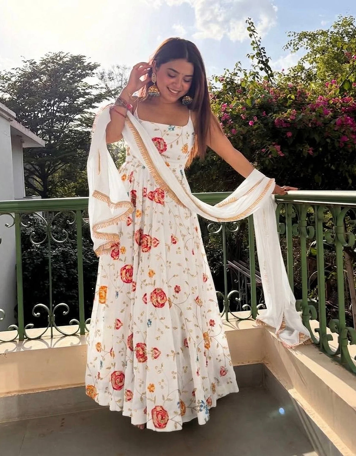veera White Heavy Silk Anarkali Gown Set with Zari & Sequins Work