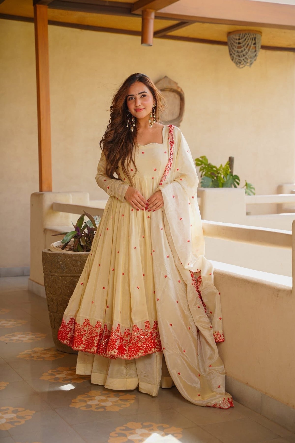 Avira's Elegant Ivory Base with Red Floral Detailing Anarkali Suit Set