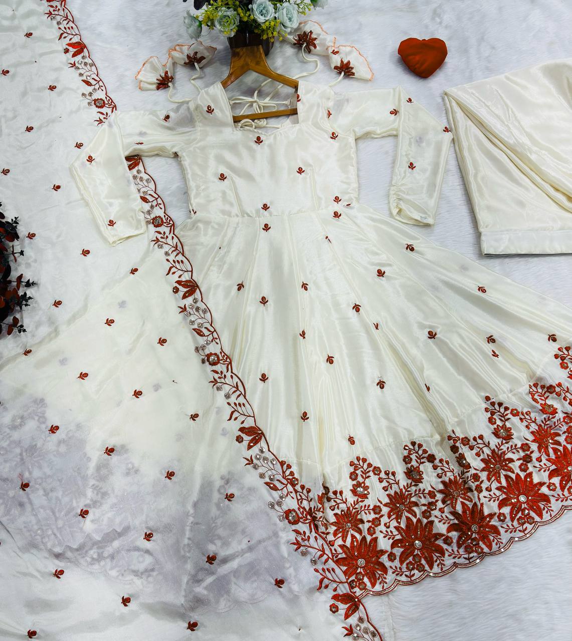 Avira's Elegant Ivory Base with Red Floral Detailing Anarkali Suit Set