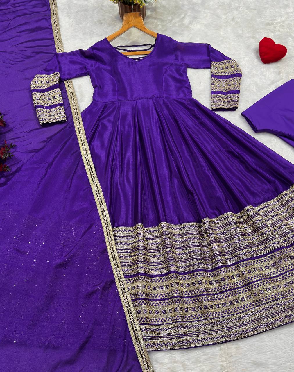 Purple Embroidered Anarkali Gown Set