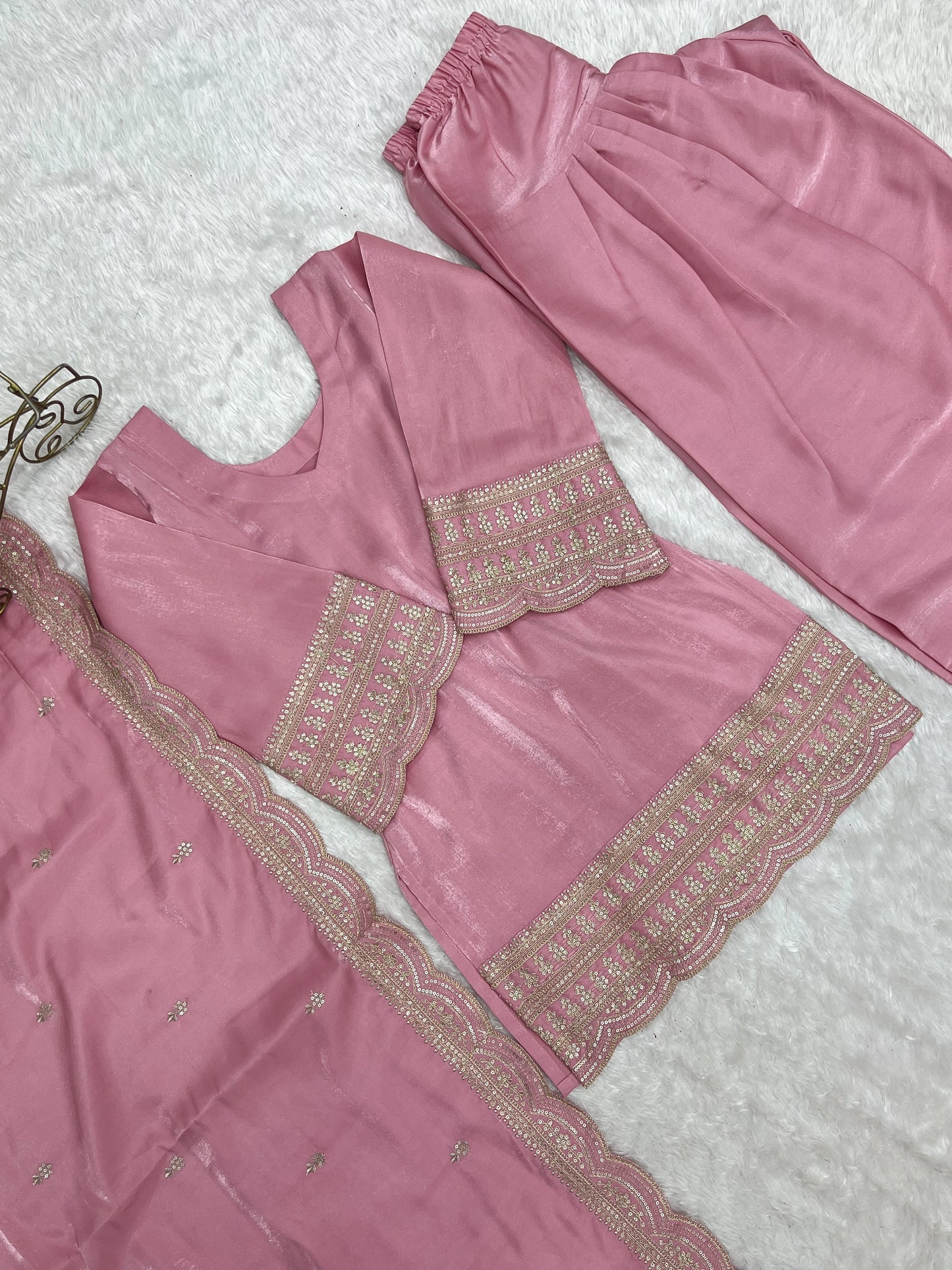 Pink Glass Roman Silk Embroidered Farshi Suit Set
