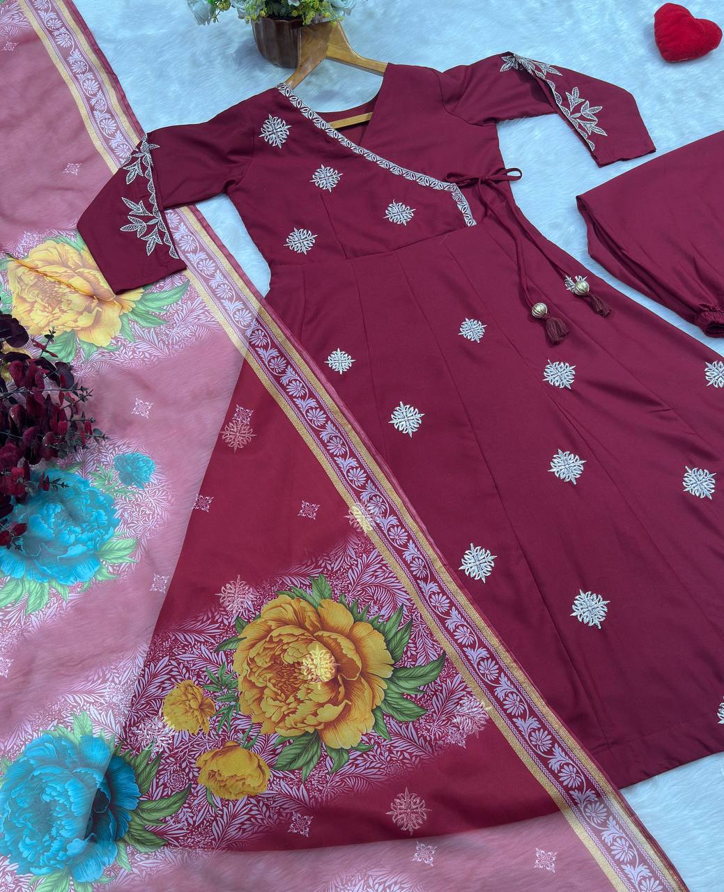 Rayon Cotton Anarkali Suit With Heavy Zari Thread Work, Palazzo & Printed Organza Dupatta