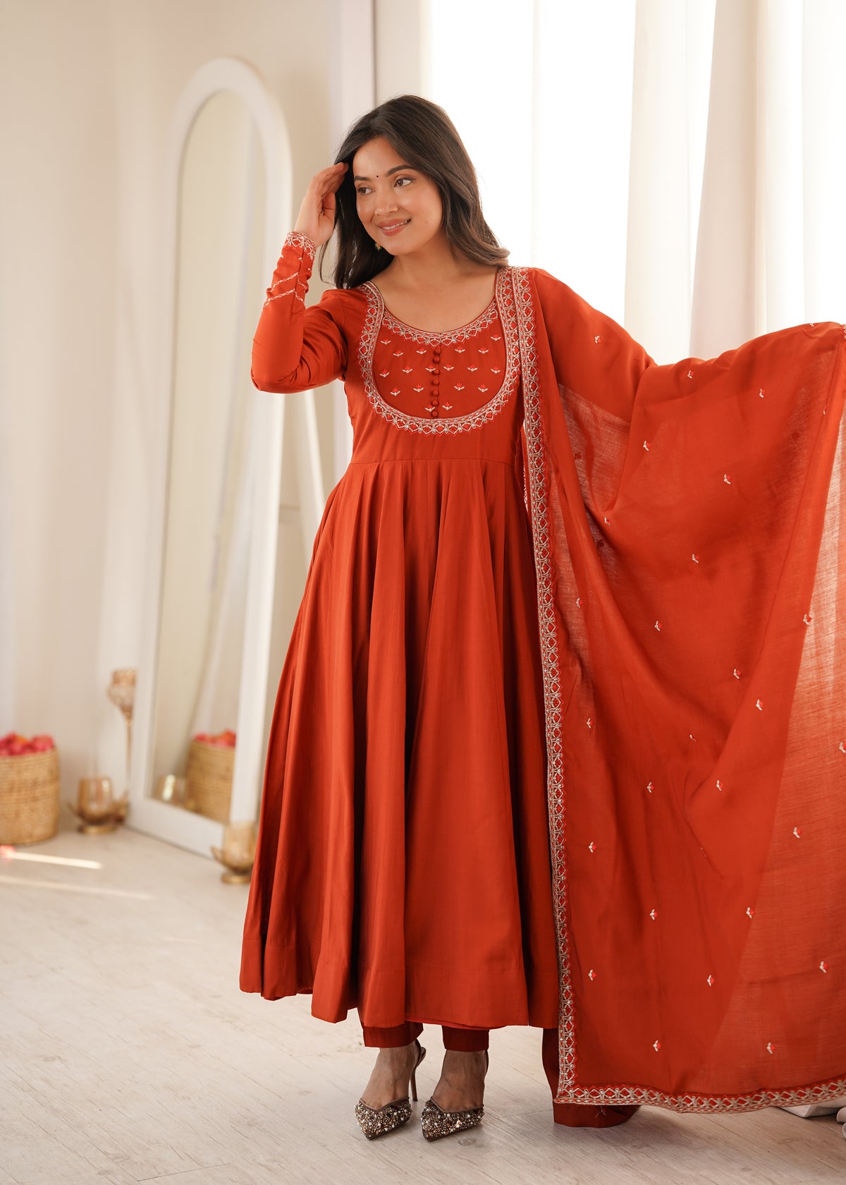 Rust Orange Roman Chanderi Silk Anarkali Suit Set
