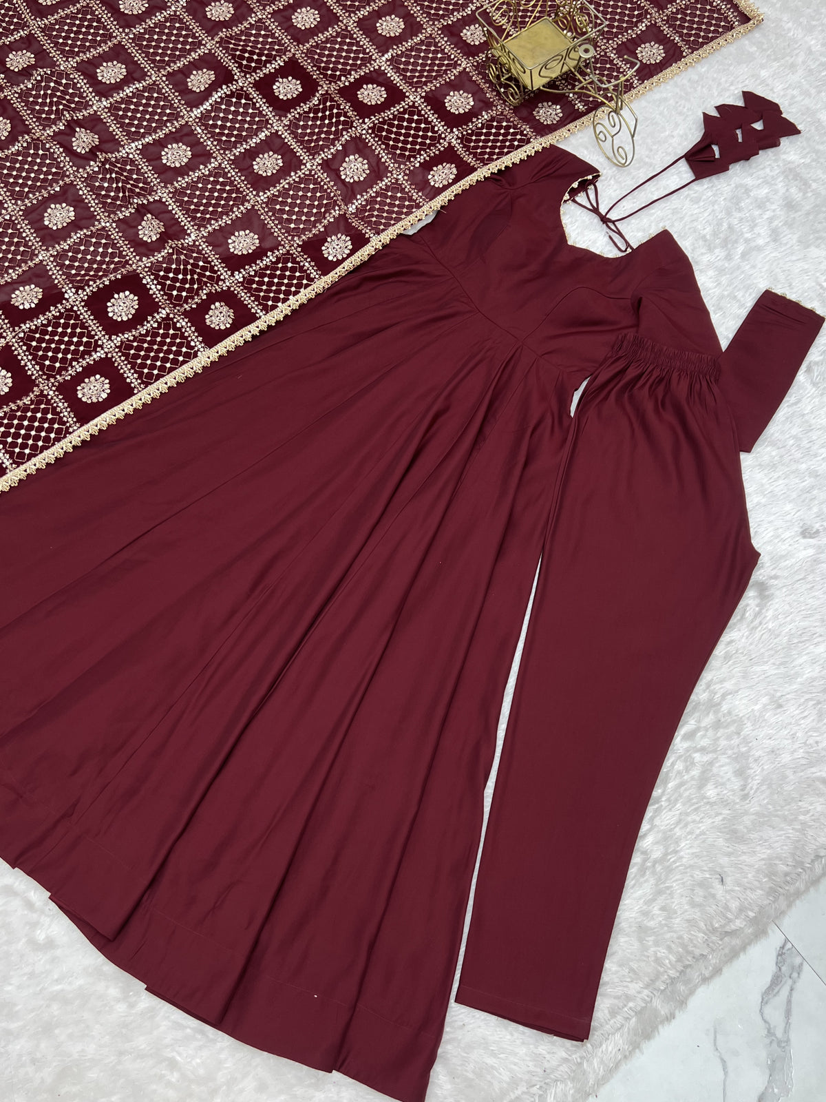 Maroon Pure Roman Silk Chanderi 16 Kali Anarkali Gown With Embroidered Dupatta & Pant