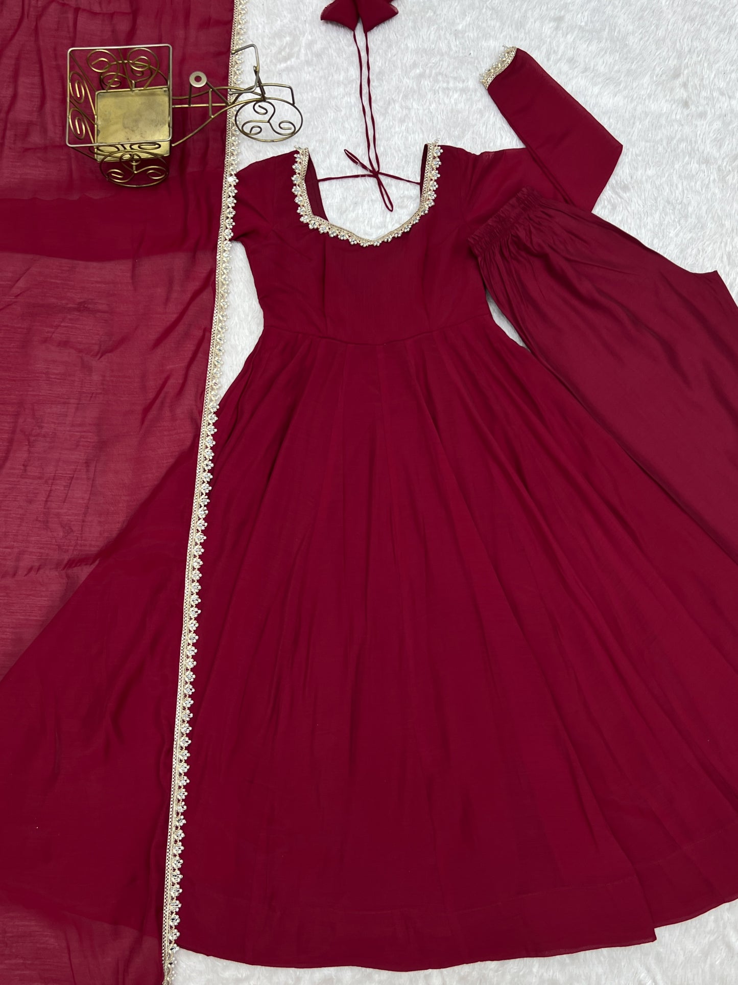 Maroon Pure Mal Chanderi Anarkali Gown With Mirror Lace Dupatta & Pants