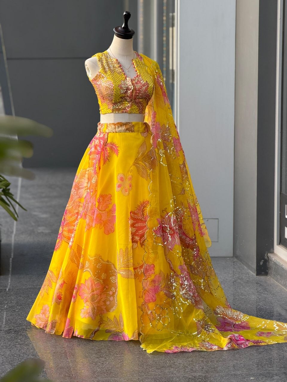 Designer Stitched Yellow Pure Organza Digital Printed Lehenga With Sequins Embroidered Blouse, Dupatta & Batwa
