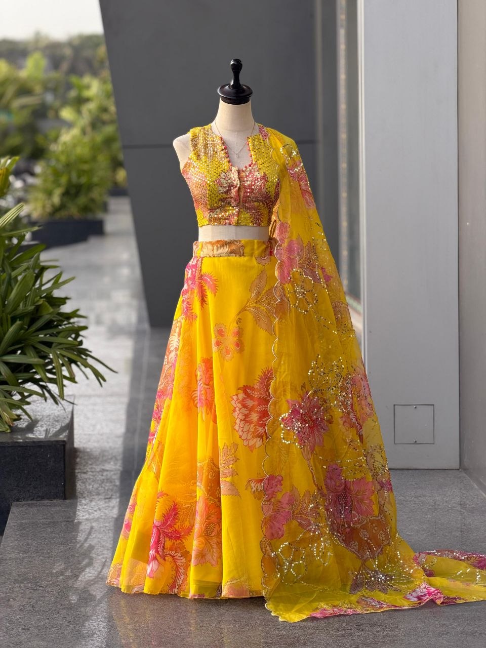 Designer Stitched Yellow Pure Organza Digital Printed Lehenga With Sequins Embroidered Blouse, Dupatta & Batwa