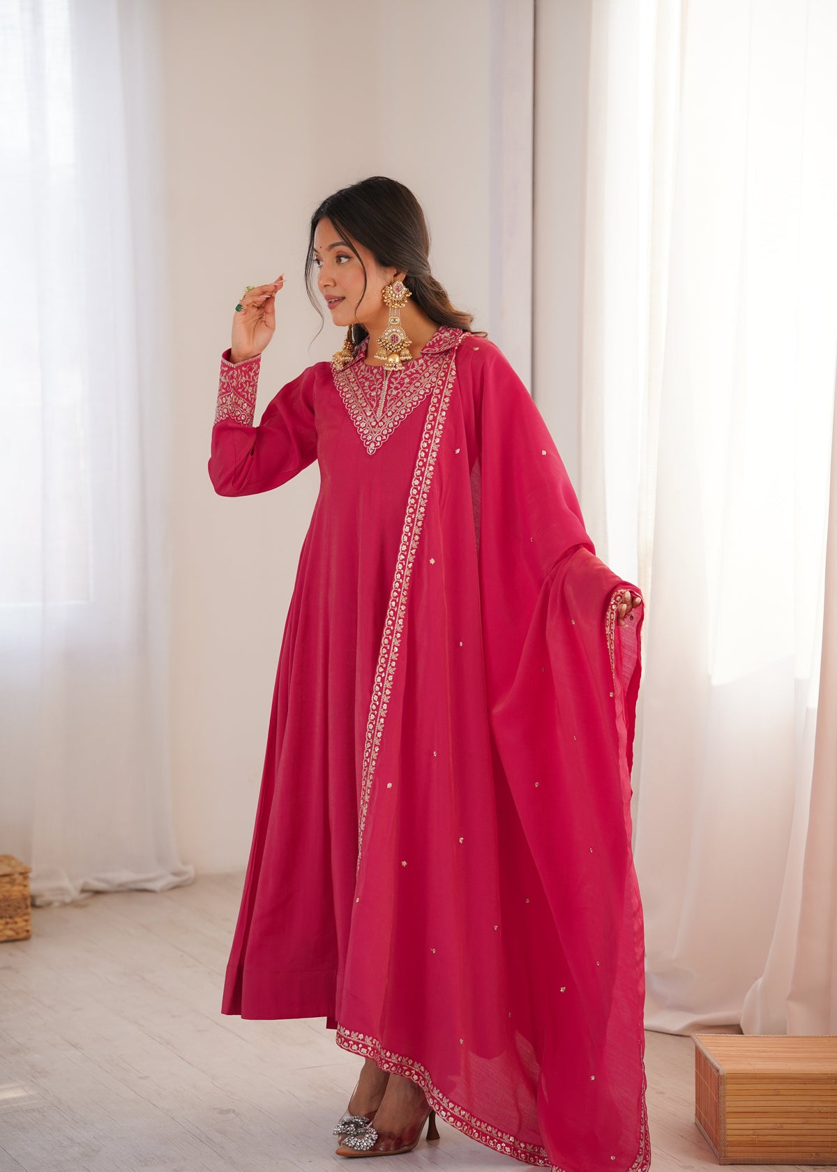 Luxury Heavy Roman Shimmer Silk Designer Anarkali Suit Set