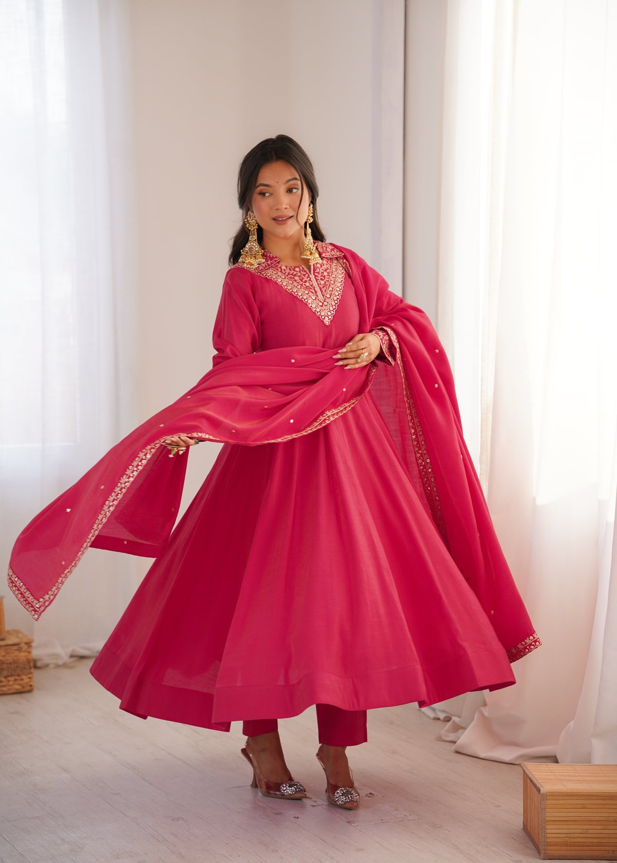 Luxury Heavy Roman Shimmer Silk Designer Anarkali Suit Set