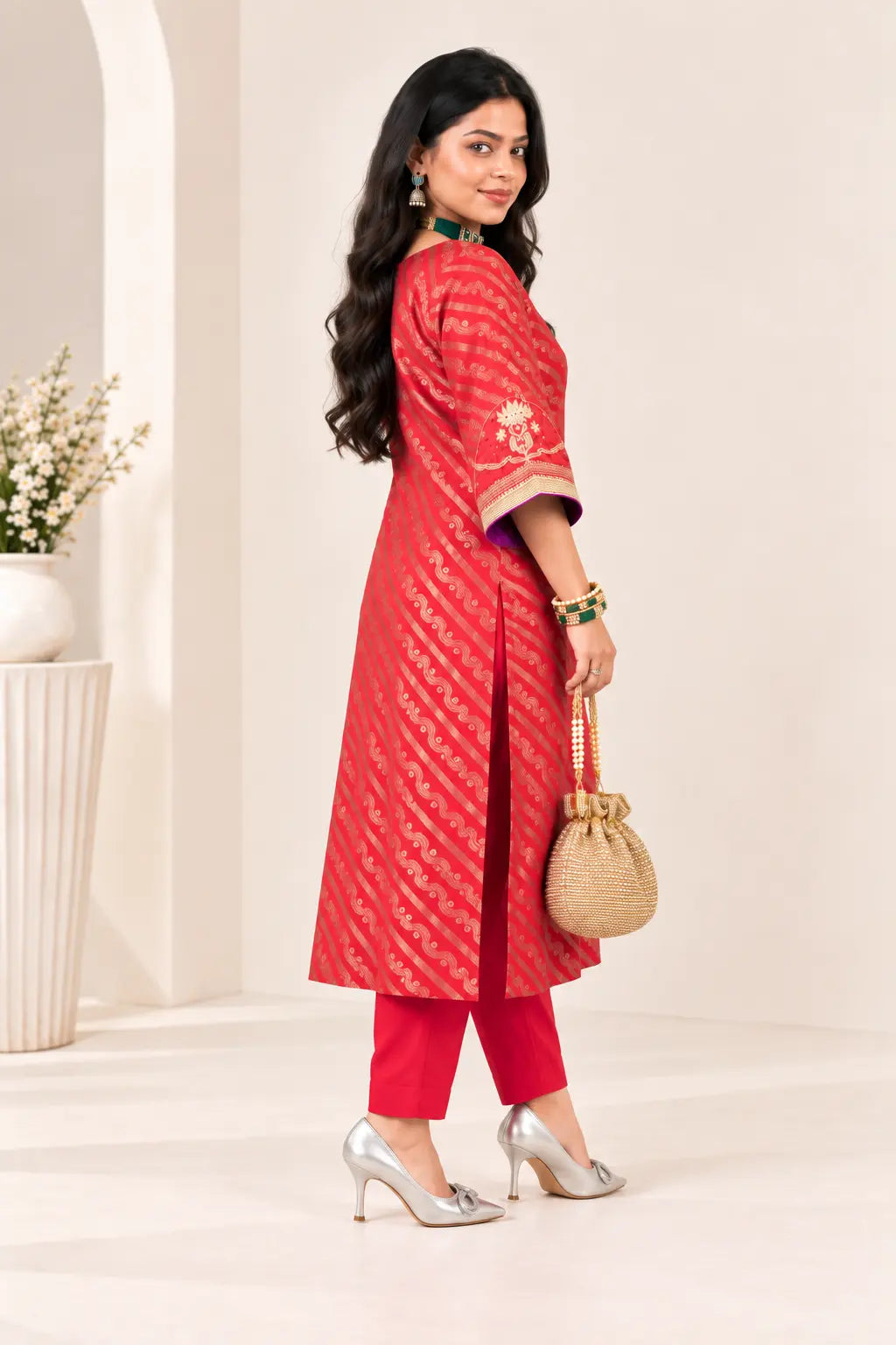 Elegant Red Jacquard Muslin Handwork Kurta Set for Women
