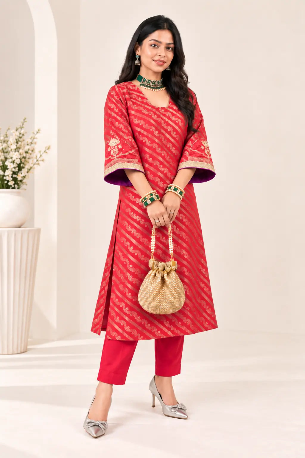 Elegant Red Jacquard Muslin Handwork Kurta Set for Women