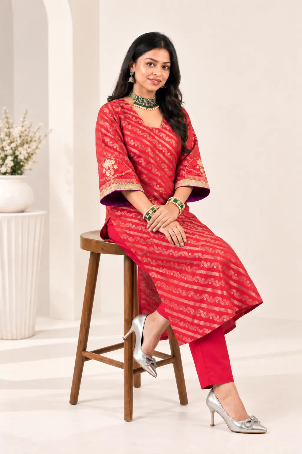 Elegant Red Jacquard Muslin Handwork Kurta Set for Women