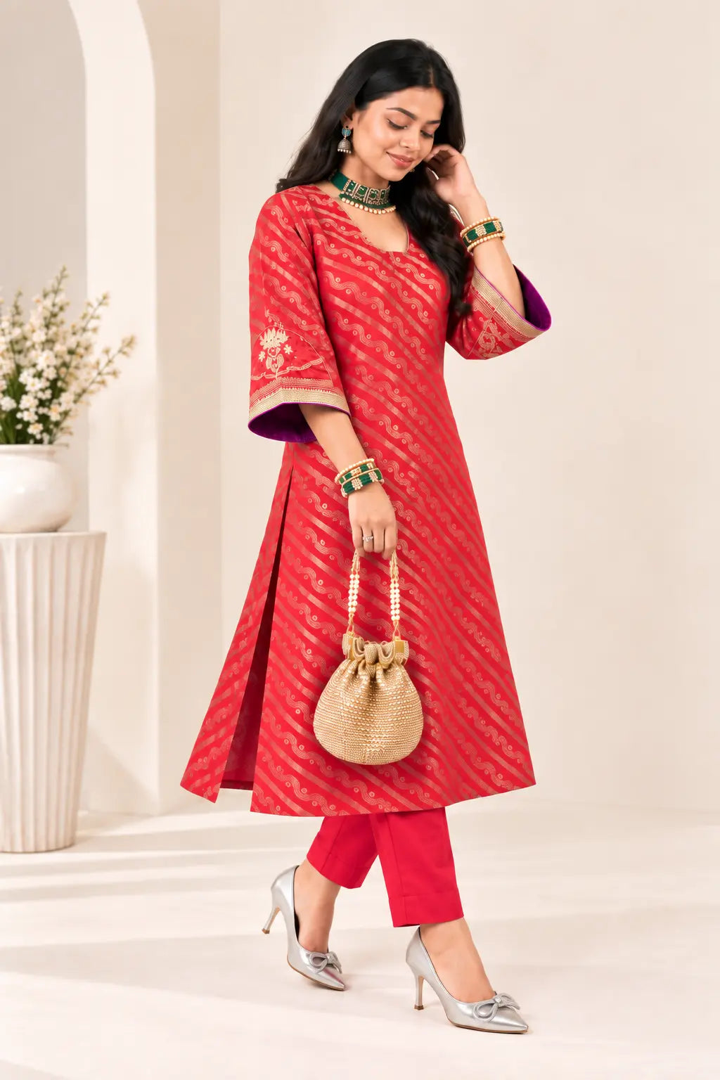 Elegant Red Jacquard Muslin Handwork Kurta Set for Women