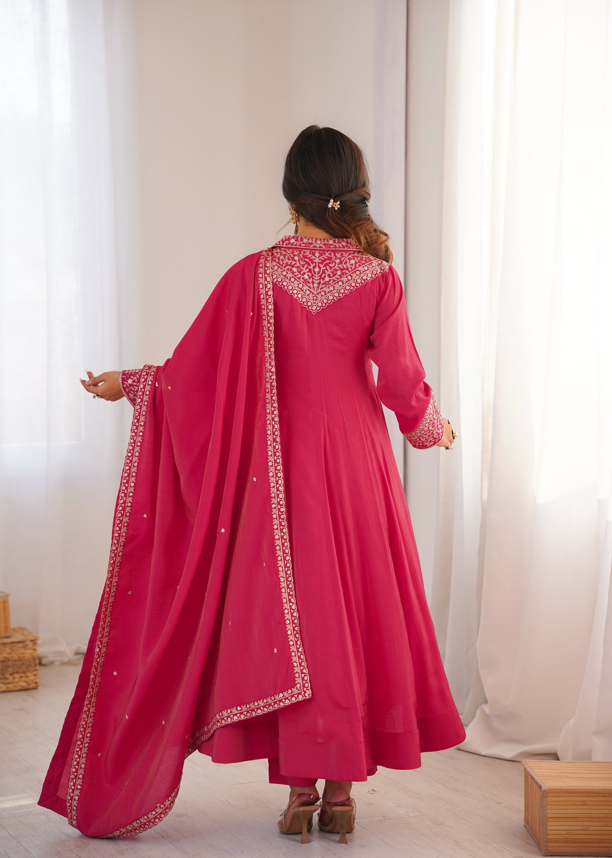 Luxury Heavy Roman Shimmer Silk Designer Anarkali Suit Set