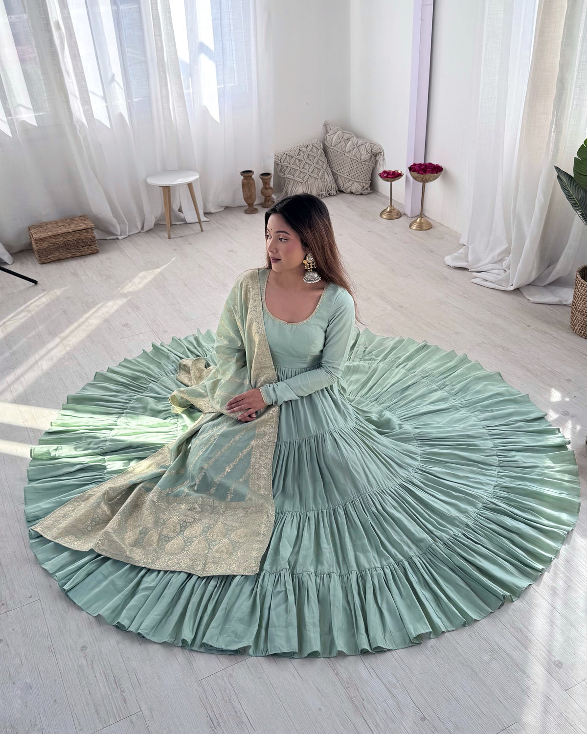 Premium Quality Roman Silk Pista Anarkali Suit Set