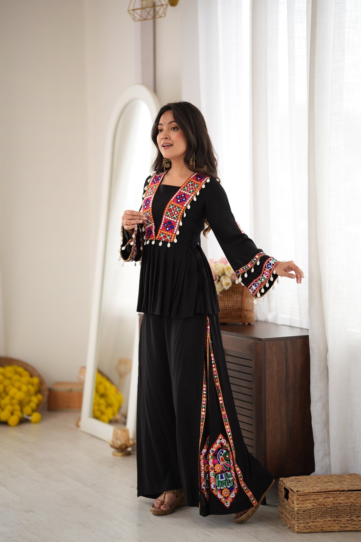 Designer Navratri Special Black Rayon Silk Embroidered Palazzo Suit with Mirror & Kodi Work