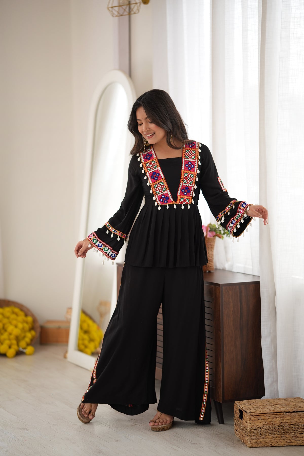 Designer Navratri Special Black Rayon Silk Embroidered Palazzo Suit with Mirror & Kodi Work