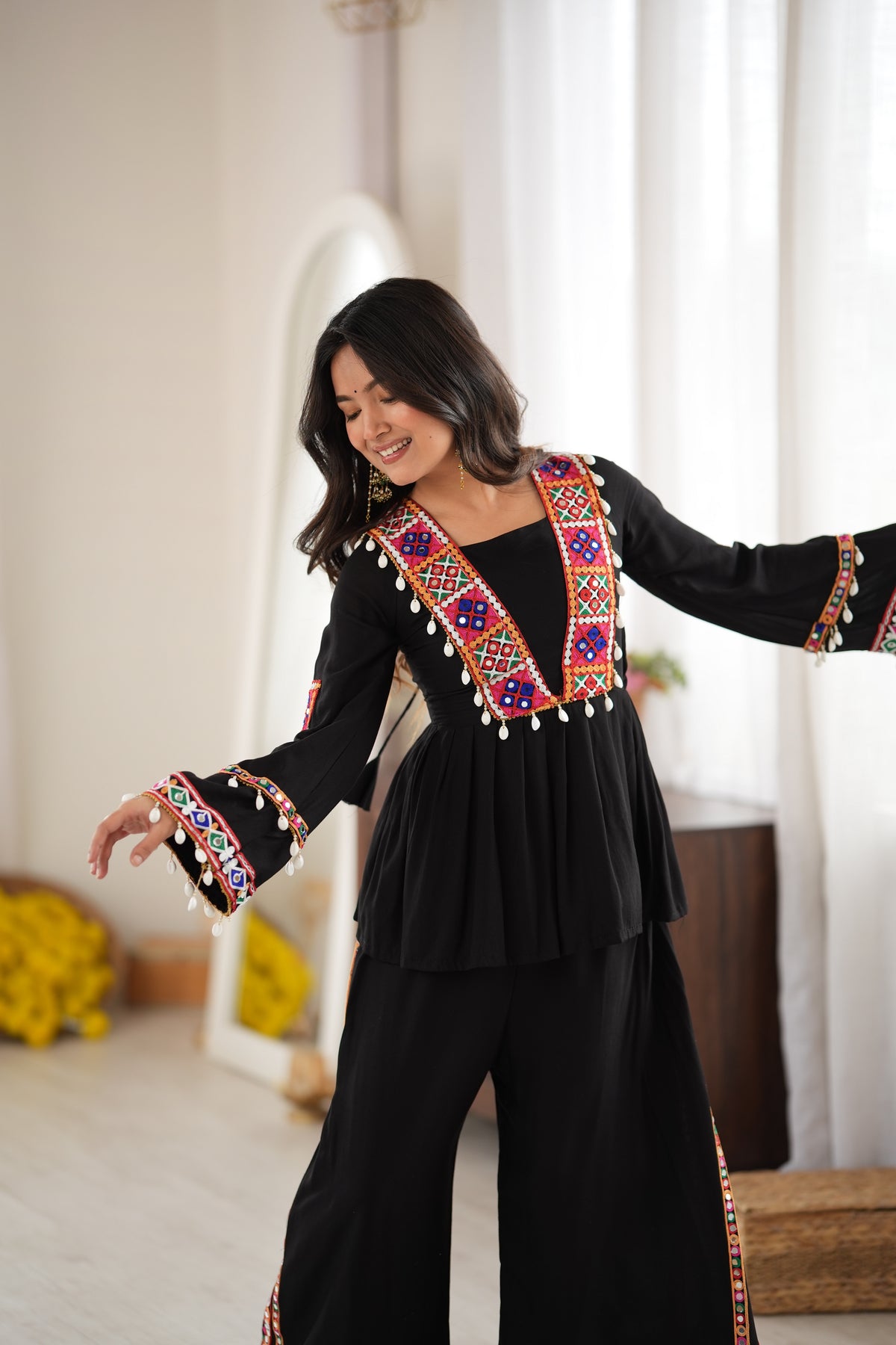 Designer Navratri Special Black Rayon Silk Embroidered Palazzo Suit with Mirror & Kodi Work