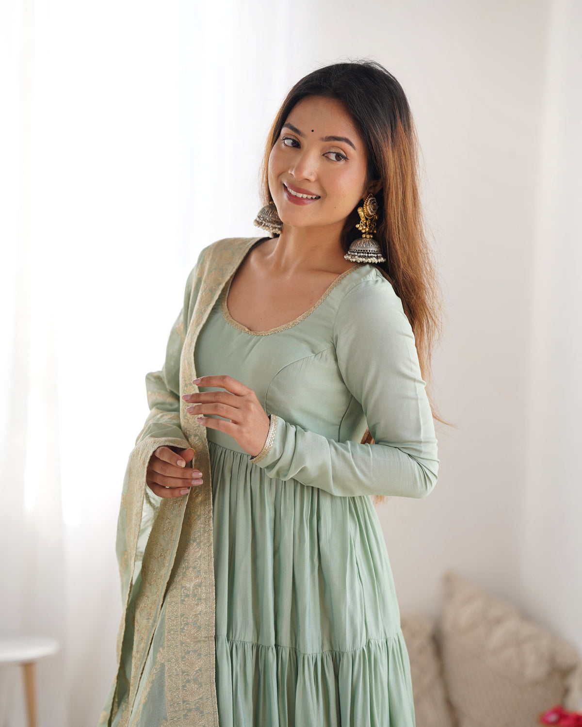 Premium Quality Roman Silk Pista Anarkali Suit Set