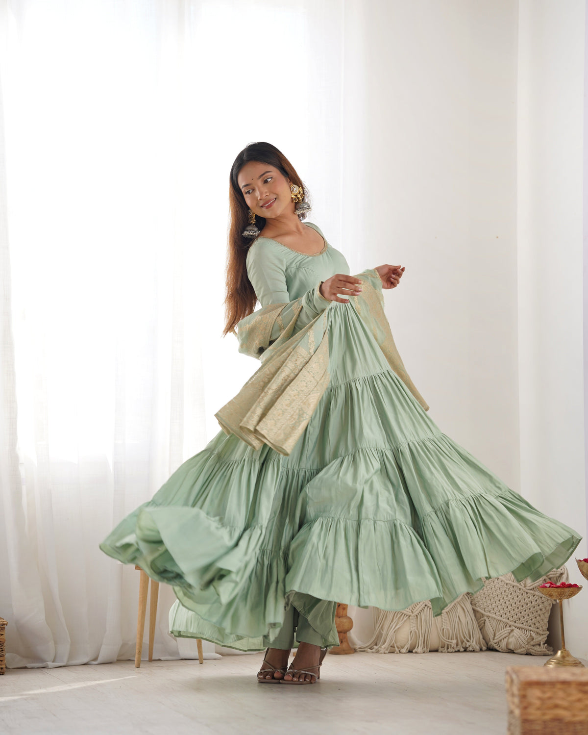 Premium Quality Roman Silk Pista Anarkali Suit Set