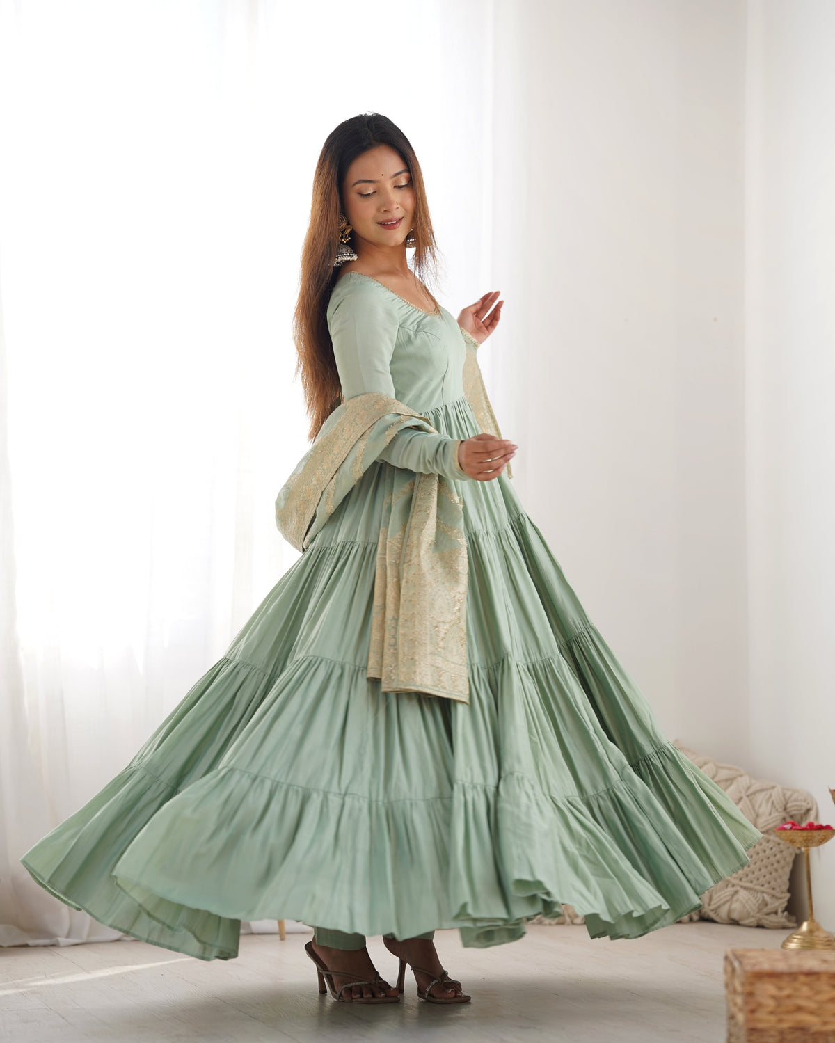 Premium Quality Roman Silk Pista Anarkali Suit Set