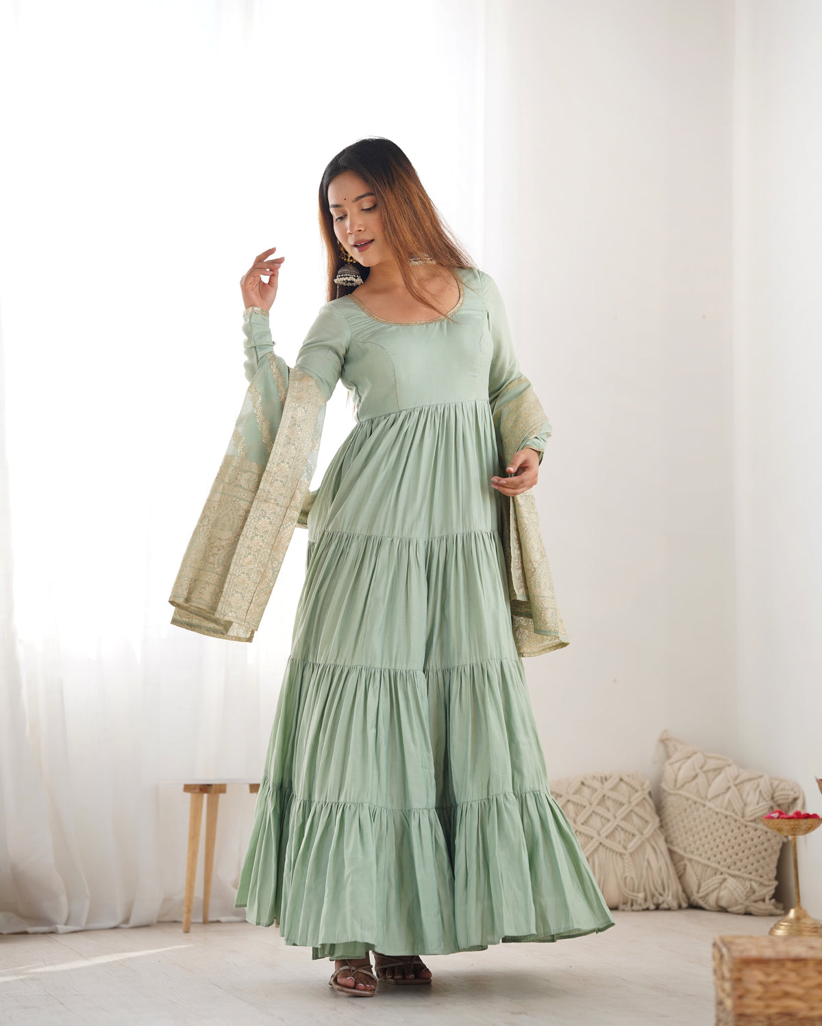 Premium Quality Roman Silk Pista Anarkali Suit Set