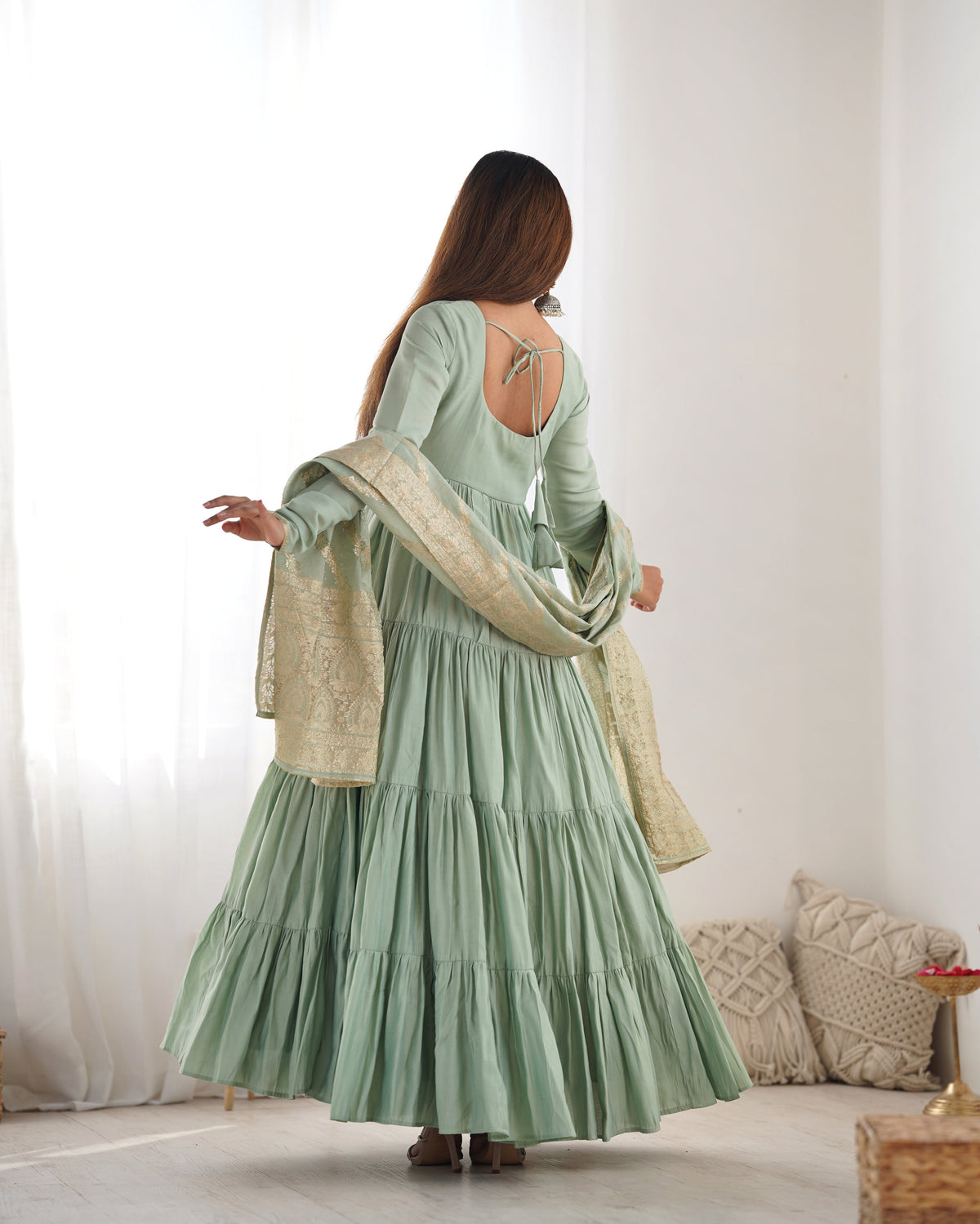 Premium Quality Roman Silk Pista Anarkali Suit Set