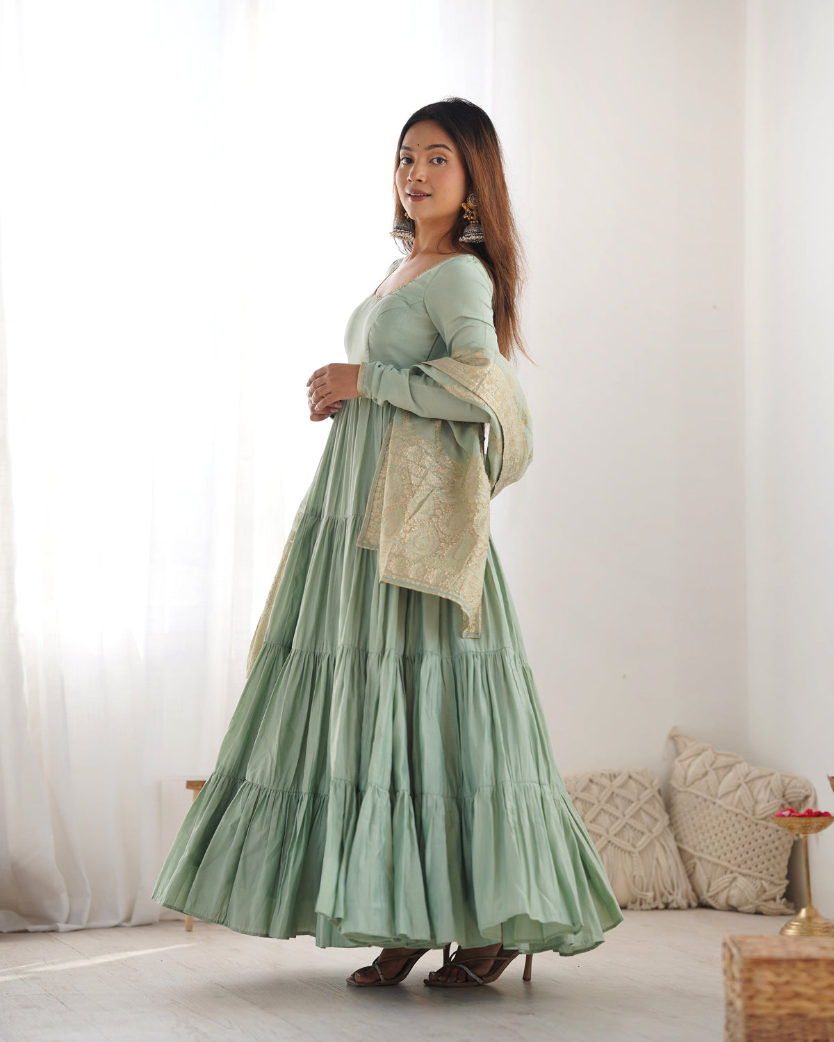 Premium Quality Roman Silk Pista Anarkali Suit Set