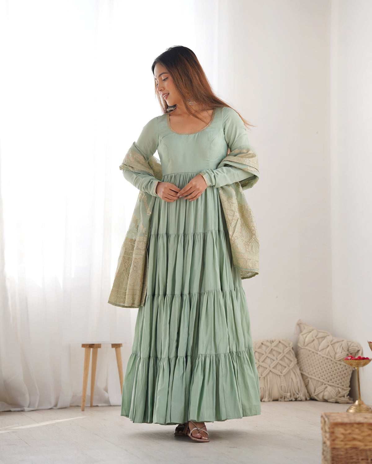 Premium Quality Roman Silk Pista Anarkali Suit Set