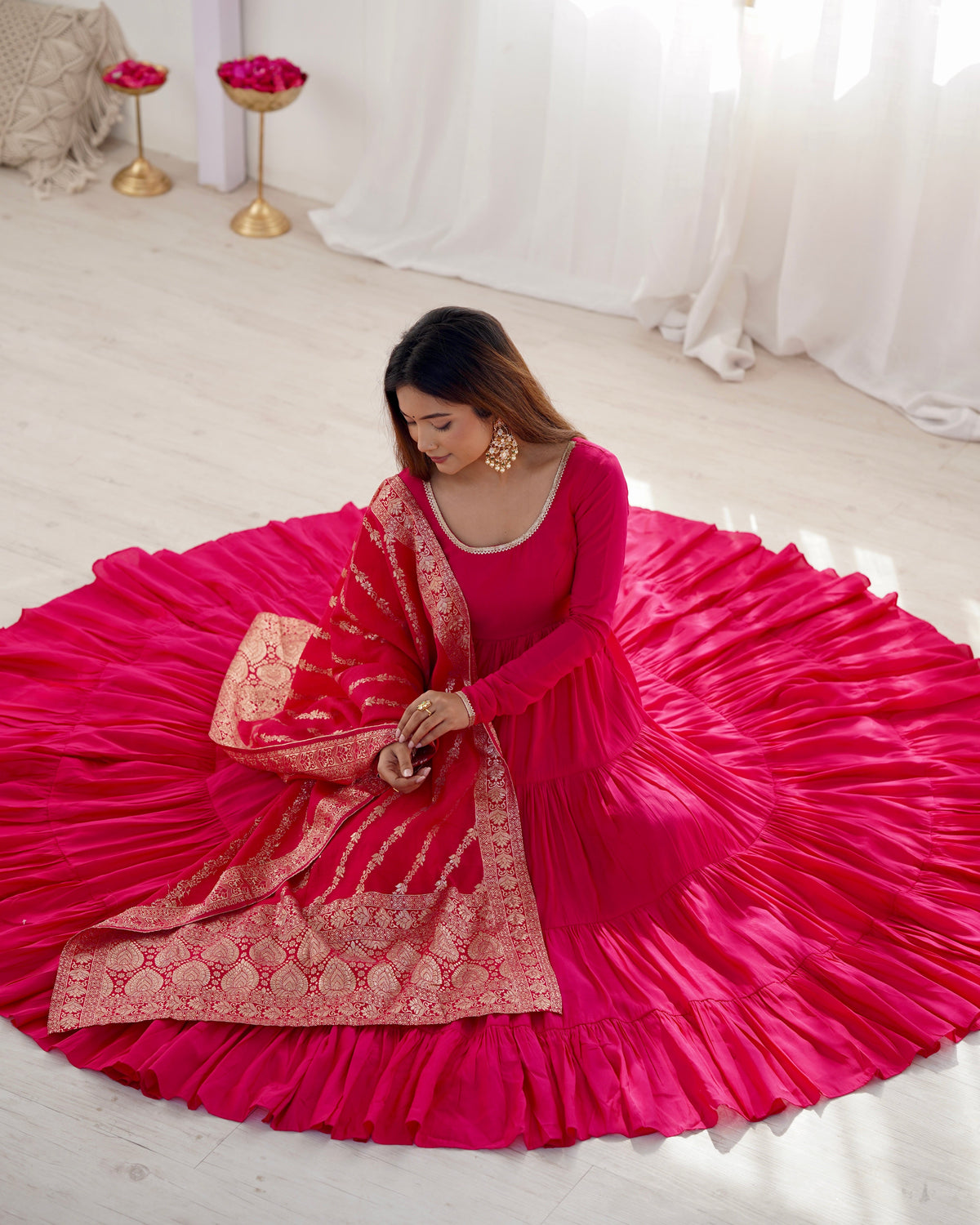 Premium Quality Roman Silk Pink Anarkali Suit Set